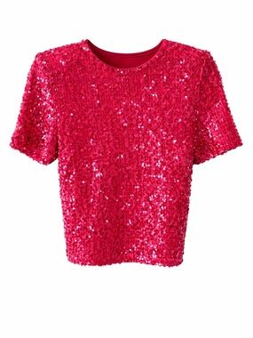 WAYF Pink Sequin Party Top Medium Short Sleeve Statement Holiday